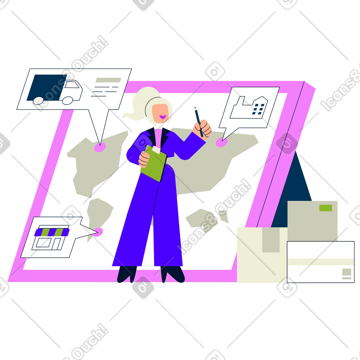 Illustration Logistics manager analyzing supply chain map, Distribution strategy and optimization dans le style Cubes à télécharger aux formats PNG, SVG
