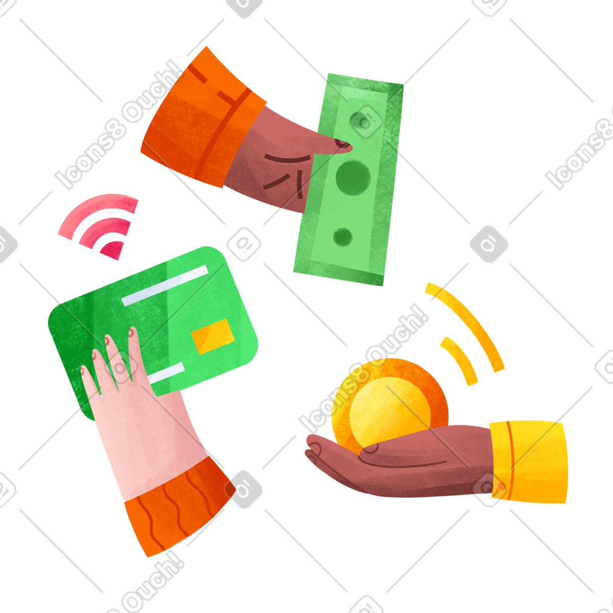 Hands with money, coin, and credit card, Modern payment methods illustration in Bonbon style download in PNG, SVG