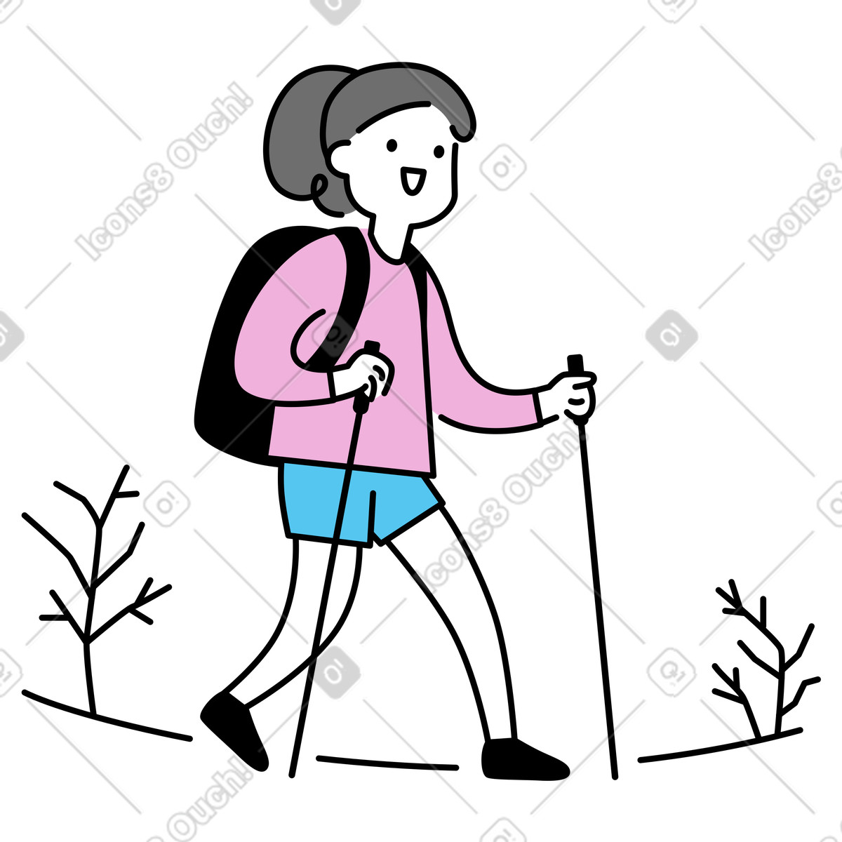 下载 Mochi 风格的 Smiling hiker with backpack and poles, outdoor recreation nature exploration 插画，支持 PNG、SVG 格式