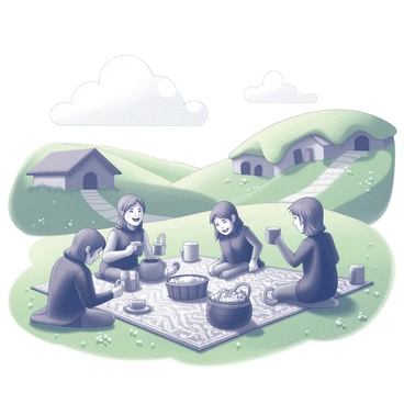 A group of hobbits gathered on a lush green hillside, sitting on a patterned blanket spread out on the grass. They are surrounded by rolling hills dotted with wildflowers. Some hobbits are preparing food from a wicker basket, while others are laughing and sharing stories. A couple of hobbits are pouring drinks from a ceramic jug into cheerful mugs. In the background, there are quaint hobbit holes with circular doors nestled among the hills. The sky features fluffy clouds drifting lazily overhead.