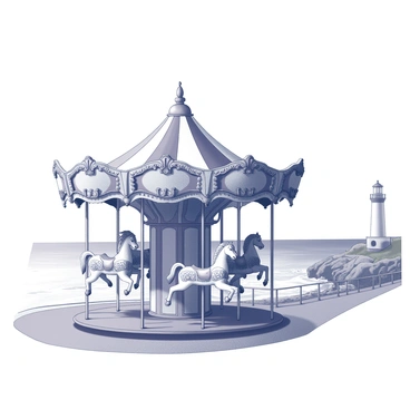 A vintage carousel with ornate horses is situated along a seaside promenade. The carousel features intricate woodwork and colorful embellishments, while the horses are depicted in various poses, some galloping and others rearing. In the background, there is a tall lighthouse standing on a rocky outcrop, its white tower contrasting against the coastline. The scene is lively, with a gentle breeze indicated by the movement of the carousel's canopy and the waves crashing softly against the shore.