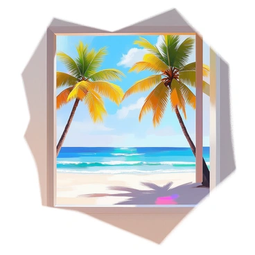 A framed view of a tropical beach scene featuring tall palm trees swaying gently in the breeze. The vibrant blue waters stretch out towards the horizon, sparkling under the sunlight. Soft white sand lines the shore, with light waves gently lapping at the beach. The sky is clear, with a few wispy clouds dotting the vast expanse above. The scene captures the tranquility and beauty of the tropical landscape.
