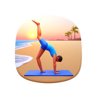 A person performing "yoga leg extensions" on a beach during sunrise. The individual is positioned on a "yoga mat" with one leg extended upwards, capturing a moment of balance and concentration. The rising sun casts soft, warm hues of orange and pink across the sky, illuminating the beach and creating a tranquil atmosphere. Gentle waves lap at the shore, and smooth sand stretches out behind the practitioner, enhancing the serene setting. A few palm trees can be seen in the distance, silhouetted against the early morning light.