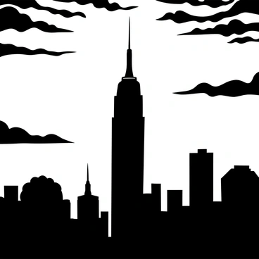 A detailed silhouette of the Empire State Building rising against a sunset backdrop. The sky is filled with layered clouds creating texture, with the building’s iconic spire prominently displayed. The silhouettes of nearby buildings can be seen framing the Empire State Building, providing scale to the scene. Dark trees are positioned in the foreground, creating a contrasting border. The overall composition highlights the structure's grandeur against the dramatic sky.