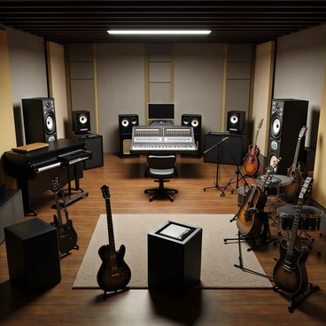 A sound studio filled with various mixing equipment, including a large mixing console with numerous faders and knobs. There are several high-quality studio speakers placed strategically around the room, emitting a professional appearance. A variety of musical instruments are arranged throughout the studio, including a grand piano, electric guitars on stands, and a drum set in the corner. The walls are soundproofed with acoustic panels to enhance sound quality. Soft, ambient lighting fills the room, creating an inviting atmosphere for recording.