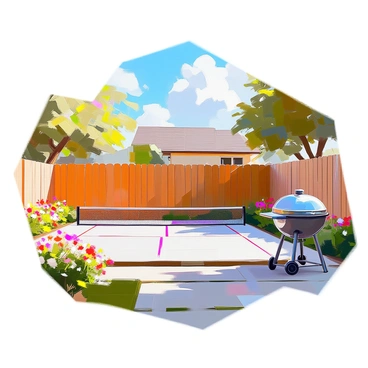 A small pickleball court in a suburban backyard with a garden and a grill