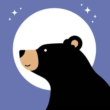 A bear's head in profile is silhouetted against a large, bright full moon. The moon is a pale white circle with soft, glowing edges, dominating the background. The bear's head is dark and defined, showcasing its prominent snout and ears. Stars twinkle in the night sky around the moon, adding depth to the scene. The overall composition captures a sense of tranquility under the night sky.