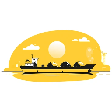 An oil barge is leaving the port, silhouetted against the horizon as the sun begins to rise. The barge is large, with storage tanks prominently displayed on its deck. A faint mist rises from the water’s surface, creating a soft, ethereal atmosphere. The water is calm, reflecting the light of the early morning sky. In the background, the outlines of distant buildings and cranes can be seen along the shoreline. The sky is transitioning from deep shades to lighter hues, indicating the start of a new day.