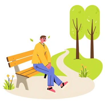 A person sitting alone on a wooden bench with tears in their eyes. The individual has short brown hair and is wearing a yellow sweater. Surrounding the bench is a peaceful park setting, featuring lush green grass and a few colorful flowers. Tall trees with green leaves provide shade, and there is a winding path in the background. A gentle breeze causes some leaves to flutter down.