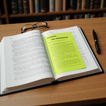 An open legal textbook lying flat on a study desk, displaying pages filled with text and legal terminology. One section is highlighted in fluorescent yellow, specifically discussing "contracts of indemnity." The desk is made of polished wood, and there is a black pen resting next to the textbook, along with a pair of reading glasses placed nearby. The background features a subtle hint of bookshelves filled with various legal books and study materials.