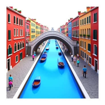 A cityscape featuring blue canals lined with cobblestone walkways. There are several elegant bridges arching over the water, connecting different parts of the city. Various boats, including small rowboats and larger gondolas, navigate the canals. Numerous people can be seen walking along the sidewalks, some stopping to admire the view or chat with each other. The buildings are tall and colorful, with balconies adorned with flowers. The sky is clear, creating a vibrant atmosphere.
