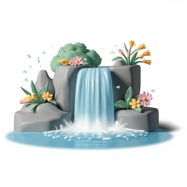 A vibrant waterfall flowing energetically down a series of rugged rocks. Water cascades in multiple streams, creating mist as it splashes into a clear blue pool at the bottom. Surrounding the waterfall, lush greenery and colorful flowers flourish, adding bright splashes of color. Sunlight filters through the leaves, casting shimmering reflections on the water's surface.