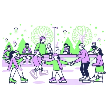 A vibrant outdoor ice rink is bustling with activity. Children of various ages are happily skating, some holding hands while gliding across the ice. Nearby, a group of adults is also enjoying the skating, laughing and chatting as they maneuver around. The rink is surrounded by an array of festive lights, twinkling and illuminating the scene. Snowflakes gently fall from the sky, adding to the winter atmosphere. In the background, there are trees adorned with more lights, creating a joyful and lively setting. Some individuals are taking a break, sitting on benches with hot drinks in hand, while others are lacing up their skates at the edge of the rink.