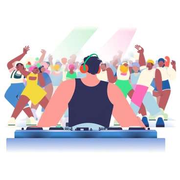 A DJ with short black hair is standing behind a sound mixer, focused on spinning tracks. He is wearing a stylish black tank top and headphones. The atmosphere is filled with colorful lights in shades of blue, pink, and green that illuminate the scene. In front of him, a crowd of energetic dancers is moving, showcasing a variety of outfits, including bright dresses and casual streetwear. Some dancers have arms raised, while others are engaged in dance moves, creating a lively and dynamic environment. The dance floor is glossy and reflects the colorful lighting.