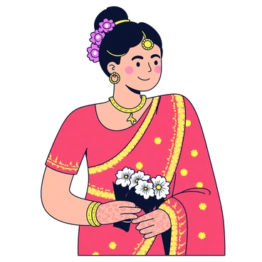 A modern Indian bride wearing a vibrant red wedding saree adorned with intricate gold embroidery and embellishments. The saree drapes elegantly over her figure, showcasing traditional patterns. She accessorizes with a golden necklace, matching earrings, and a maang tikka that rests on her forehead. Her hands are decorated with detailed henna designs, and she holds a bouquet of fresh flowers. The bride's hair is styled in a traditional bun, embellished with jasmine flowers, highlighting her cultural heritage.