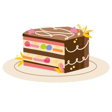 A torte with multiple layers sits elegantly on a round, white cake stand. The torte is covered in smooth, rich chocolate ganache, with intricate piping designs in white icing along the edges. Each layer is filled with colorful fruit and creamy filling, visible through the sides. Surrounding the torte is a decorative border of golden leaves and delicate flowers, enhancing its vintage appearance. The background features a soft pastel color that complements the torte’s ornate details.