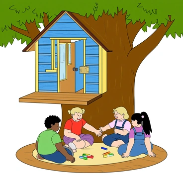 A group of four children having a secret meeting inside a whimsical treehouse perched high in a large, leafy tree. The treehouse has colorful wooden walls painted in bright blue and yellow with a small door and a window that has curtains. Inside, the children, two boys and two girls, are sitting on a round carpet, chatting animatedly. One boy has curly black hair and is wearing a green t-shirt, while the other boy has straight blonde hair and is dressed in a red shirt. One girl has pigtails and is wearing a purple dress, and the other girl has short hair and is wearing denim overalls. They have a treasure map spread out in front of them, with colorful markers scattered around. Sunlight filters through the branches, casting playful shadows on the wooden floor.