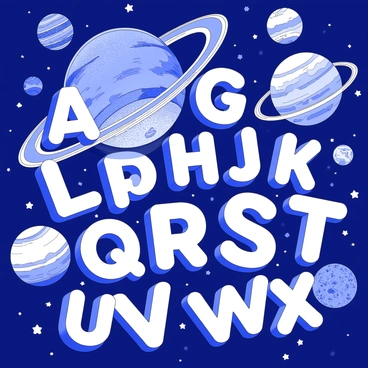 The alphabet is floating in a vast expanse of space. Each letter of the alphabet resembles a different planet. The letters are distinct in shape and size, with textured surfaces resembling the features of various celestial bodies. Some letters have rings encircling them, while others display surface markings similar to craters or storms. The letters are scattered throughout the void, each one casting its own unique shadow against the backdrop of distant stars.