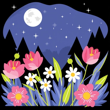 A night scene featuring a variety of flowers in various stages of blooming. The flowers, including roses and daisies, are illuminated by the soft glow of a full moon in a starry sky. The moonlight casts gentle shadows on the petals, highlighting their vibrant colors. Dewdrops glisten on the leaves, adding a touch of sparkle to the scene. The background is filled with a few silhouetted trees, enhancing the tranquil atmosphere of the night.