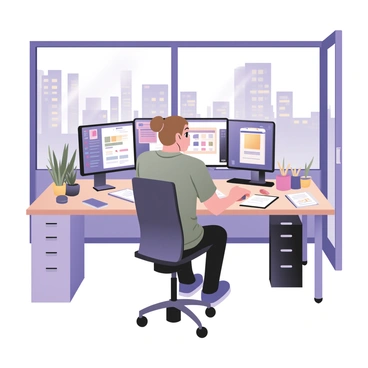 A young artist sits at a modern, high-tech computer in a sleek office space filled with contemporary furniture. The artist has light brown hair tied back in a bun and is wearing a casual grey t-shirt and black jeans. The computer screen displays vibrant illustration software with various colorful tools and a digital canvas in the center. The office features a large window with city views and plants in stylish pots on the desk. Multiple sketchbooks and a few art supplies are scattered around the workspace, indicating a creative environment. Sunlight streams through the window, casting soft shadows on the desk.