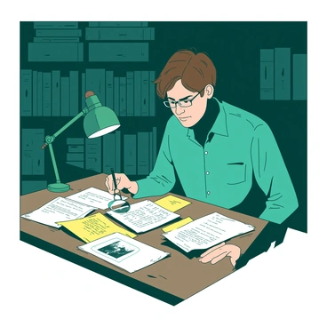 A researcher with short brown hair is intently examining old documents spread out on a wooden table in a dimly-lit archive. The table is cluttered with yellowed papers, some with faded handwritten notes, and a few black-and-white photographs. A soft teal light from a nearby desk lamp casts shadows across the scene, highlighting the details of the documents. The researcher is wearing glasses and has a focused expression, with one hand holding a magnifying glass over a particularly old document. Behind them, dark shelves filled with stacked boxes and aged books create a sense of depth in the archive.