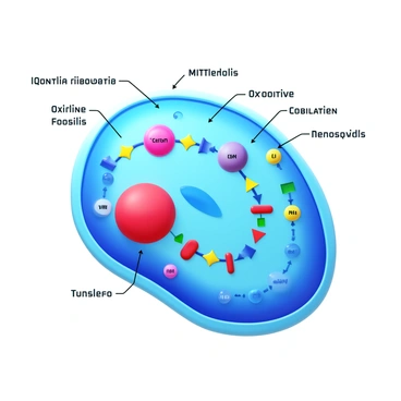 A detailed illustration of an animal cell showcasing the flow of energy. The cell is depicted with a clear outline, displaying various organelles such as mitochondria, ribosomes, and the nucleus. Labeled pathways for ATP production are illustrated, highlighting the processes of glycolysis, the Krebs cycle, and oxidative phosphorylation. Each pathway is represented with arrows to indicate energy flow, and colored segments to differentiate between the various stages. Additionally, small labels are placed next to each organelle, clearly identifying their functions in energy production.