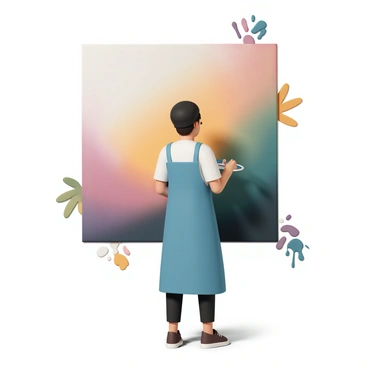 An artist, wearing a blue apron and a black beret, is standing in front of a large canvas. The canvas features a vivid gradient that transitions from deep dark shades at the bottom to bright colors at the top. The artist is holding a paintbrush, dipping it into a palette filled with various colors. There are splatters of paint around the canvas, indicating an energetic creative process. The artist has a focused expression, symbolizing determination and personal transformation.
