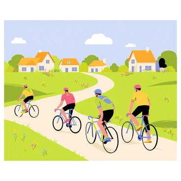 A group of four cyclists riding on a winding dirt road through a charming countryside village. The cyclists are wearing colorful helmets and jerseys, with two cyclists in bright red and blue outfits, and the others in green and yellow. Lush green fields are visible on the sides of the road, dotted with wildflowers in various colors. In the background, there are quaint cottages with thatched roofs and blooming gardens. A clear blue sky stretches overhead with a few fluffy white clouds. The cyclists are smiling, enjoying their adventure in the peaceful village setting.