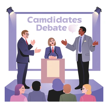 A digital flat illustration depicting two candidates standing on a stage, engaged in a lively debate. On the left, a candidate with light skin and short brown hair is wearing a navy blue suit, a white shirt, and a red tie. On the right, a candidate with dark skin and curly black hair is dressed in a grey suit, a light blue shirt, and a patterned tie. Both are gesturing animatedly, with expressions of enthusiasm and determination. In the center, a moderator is seated at a table with a microphone, wearing glasses and a black blazer, looking intently at the candidates. The stage has bright spotlights and a large backdrop displaying the debate title "Candidates Debate". There are a few audience members visible in the foreground, reacting to the debate with expressions of engagement.