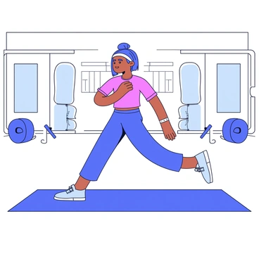A person is performing a hybrid workout that combines yoga poses with cable crossover exercises. The individual is in a spacious gym environment, standing on a yoga mat. They are transitioning from a "warrior pose" to a cable crossover stance, with arms extended and gripping the cables. The gym features large mirrors along one wall and equipment in the background, including weights and exercise machines. The person is wearing comfortable athletic clothing, and their expression reflects focus and determination.