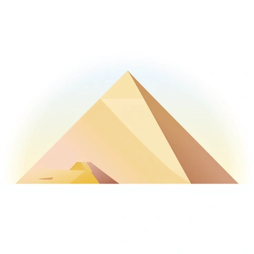 The Great Pyramid of Giza is depicted in a low-poly representation, showcasing its iconic square base and sharp peak. The pyramid is constructed with large triangular facets, emphasizing its geometric structure. The color palette features shades of sandy beige and light brown, reflecting the natural stone used in its construction. In the foreground, a few small low-poly desert dunes are visible, with a simple gradient sky transitioning from soft blue at the top to a warm yellow near the horizon. The scene conveys a sense of scale, with the pyramid standing majestically against the backdrop of the vast desert landscape.