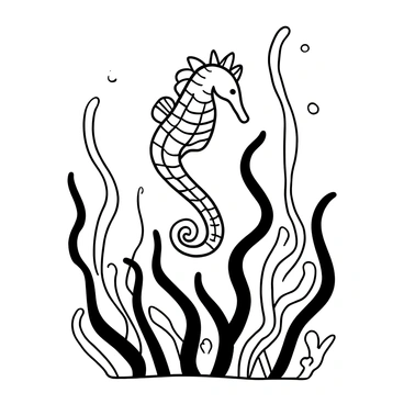 A seahorse gripping onto a piece of seaweed with its curled tail. The seahorse has intricate textures on its body, featuring a series of ridges and fins that extend elegantly. Surrounding the seahorse, gentle ocean currents create rippling lines, adding movement to the scene. Various strands of seaweed sway in the water, creating a natural habitat. In the background, additional marine plants are visible, enhancing the underwater environment.