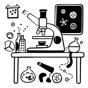 A large microscope positioned on a table, with intricate details revealing the various components of its structure. Under the microscope's lens, a collection of distinctive cells is visible, showcasing different shapes and sizes. The cells exhibit various textures and patterns, with some featuring elongated structures and others appearing round. Surrounding the microscope are scattered laboratory tools, such as pipettes and petri dishes, adding to the scientific atmosphere. In the background, a chalkboard displays handwritten notes and diagrams related to cellular structure.