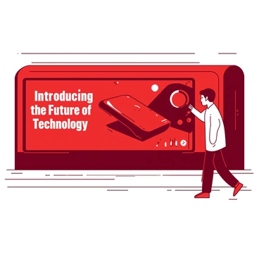 A red subway advertisement displays the latest gadget release in a prominent center position. The gadget has a sleek design with smooth curves and shiny surfaces reflecting light. Surrounding the gadget are vibrant graphics highlighting its features and capabilities. On the left side of the ad, there are bold white fonts stating, “Introducing the Future of Technology.” The background of the ad is a blend of red and white elements creating a modern and dynamic feel. The entire setup is designed to catch the attention of commuters as they pass by.