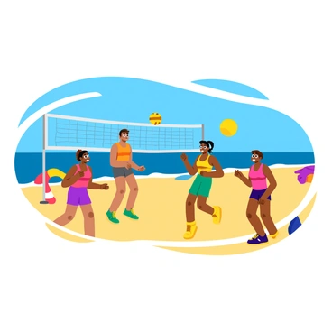 A group of four friends engaged in a game of beach volleyball on a sandy shore. Two friends are jumping to hit the ball over the net, while another friend is running towards the ball. The sun is shining brightly in a clear blue sky, casting shadows on the ground. The ocean waves can be seen gently rolling in the background, and a few beach towels and umbrellas are scattered nearby. Each friend is wearing colorful swimwear, and their expressions show excitement and joy.