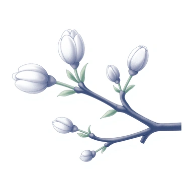 A close-up view of a cherry blossom branch. The branch features several delicate buds that are just beginning to open. Each bud is surrounded by slender green stems and a few leaves, with the petals displaying a soft, intricate form. The overall composition highlights the texture of the bark and the gentle curves of the branch, emphasizing the tender stages of the blossoms' development.