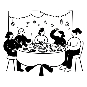A family gathered around a table sharing stories and holiday traditions