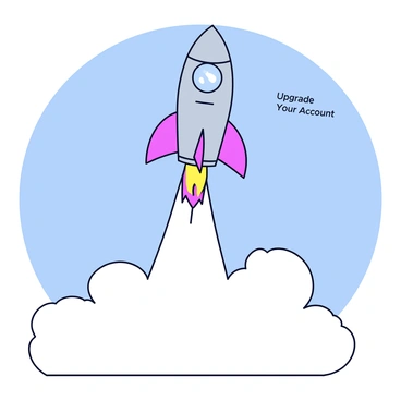 A sleek, silver rocket is taking off from a launch pad, its engines igniting with vibrant flames. Thick, billowing clouds of white smoke are trailing behind the rocket as it ascends into the sky. Within the smoke trail, the text "Upgrade Your Account" is clearly visible, formed by the swirling smoke. The background features a clear blue sky, enhancing the visibility of the rocket and its smoke trail.