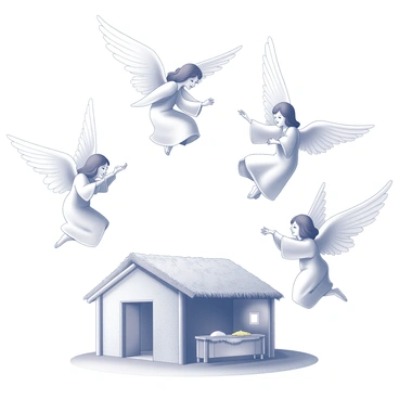 Several angels are depicted in a celestial dance, their wings spread wide and flowing elegantly. They are positioned in a circular formation above a humble stable. The stable is constructed from wooden beams and has a thatched roof, surrounded by a peaceful landscape. In the center of the stable, there is a simple manger, bringing focus to the birth scene below. The angels are adorned in flowing robes, and their expressions convey joy and reverence. The sky above them is expansive, filled with subtle details that suggest a divine atmosphere.