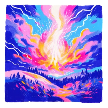 A surreal scene depicts a dramatic sky illuminated by "lightning bolts" crisscrossing through "flames." The "lightning" is bright white and jagged, contrasting sharply with the vibrant orange and red hues of the "flames" dancing in the atmosphere. The "clouds" are dark and swirling, framing the intense interplay of light and color. Below, the landscape is silhouetted against the chaotic sky, with shadowy outlines of "trees" and "hills" adding depth to the composition. The overall atmosphere is dynamic, capturing the energy of the elemental forces at play.