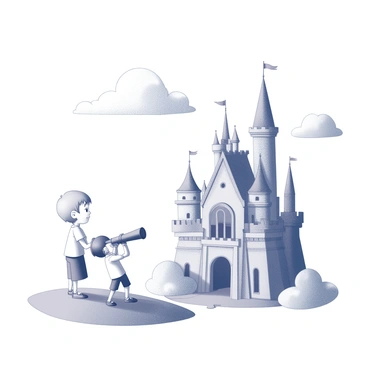 A whimsical castle with tall, spiraling towers and intricate battlements is situated among fluffy clouds. The castle features large arched windows and a grand entrance adorned with flags. A child, with short hair and wearing a casual outfit, is gazing intently at the castle through a telescope. The child is positioned on a grassy hill, with the telescope held steady in both hands, their expression filled with wonder. Fluffy clouds drift around the castle, creating a magical atmosphere.