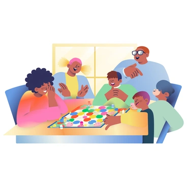 A family of four is gathered around a wooden dining table, smiling and laughing as they enthusiastically play a colorful board game. The table is decorated with a vibrant, patterned tablecloth. The board game is spread out in the center, featuring bright, eye-catching pieces in various shapes and colors. The mother, with curly black hair, is leaning forward, a look of concentration on her face as she rolls the dice. The father, wearing glasses and a blue shirt, is pointing at the game board, explaining the rules to their two children. The older child, a girl with pigtails and a yellow shirt, is clapping her hands in excitement, while the younger child, a boy with short brown hair, is reaching for a game piece. In the background, a sunny window lets in warm light, illuminating the joyful scene.