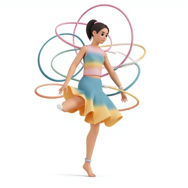 A performer, wearing a vibrant, multicolored outfit with a fitted top and flowing shorts, is showcasing hula hoop tricks in a dynamic pose. They are spinning multiple hoops, each in a different color, around their arms, waist, and legs, showcasing their skill and balance. The performer has a focused expression, their hair pulled back in a sleek ponytail, highlighting their concentration. The scene captures the movement of the hoops as they blur slightly, emphasizing the performer’s agility and grace.
