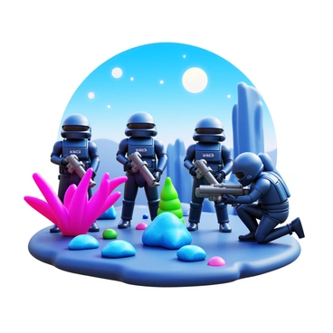 A group of toy soldiers dressed in futuristic combat gear is exploring a miniature alien planet surface. Each soldier is equipped with advanced weapons and gadgets, featuring sleek armor that reflects high-tech design. The alien planet has vibrant, unusual plant life with bright colors such as neon pinks and blues. The ground is rocky and uneven, featuring small craters and glowing minerals. In the background, there are strange rock formations and a sky filled with multiple moons and distant stars. The soldiers are actively scanning their environment, with one crouching down to examine an unfamiliar plant.