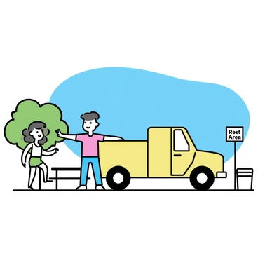 A yellow truck parked at a highway rest stop with a clear blue sky above. In the foreground, two travelers, a man and a woman, are stretching their legs by the side of the truck. The man is wearing a red t-shirt and blue jeans, while the woman is dressed in a white tank top and green shorts. Nearby, a picnic table sits under a tree, and a small trash bin is visible behind the truck. The rest stop area includes a sign indicating 'Rest Area' in bold letters.