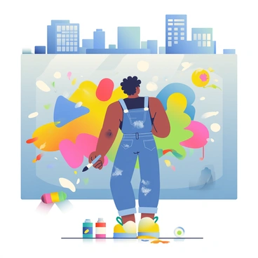 A street artist with medium skin and short curly hair is standing in front of a large city wall, actively painting a colorful mural. The artist is wearing a black tank top and denim overalls, with splatters of paint on them. Bright shades of blue, yellow, and red are being applied to the wall, forming abstract shapes and dynamic patterns. Nearby, several paint cans in various colors are scattered on the ground. The artist is holding a paintbrush in one hand, while the other hand is smudged with vibrant paint. In the background, urban buildings and a clear blue sky are visible, enhancing the lively atmosphere of the scene.