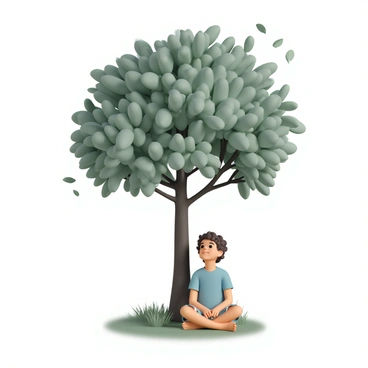 A young child, wearing a light blue shirt and denim shorts, is sitting cross-legged on the grass under a large, leafy tree. The tree has a thick trunk and a dense canopy, with sunlight filtering through the leaves. The child has curly brown hair and is looking up at the branches, with a serene expression on their face. Soft, green grass surrounds them, and a gentle breeze causes the leaves to sway, creating a soft rustling sound.