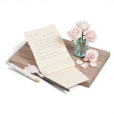 An open love letter on a wooden table, with a quill pen and a small vase of roses.