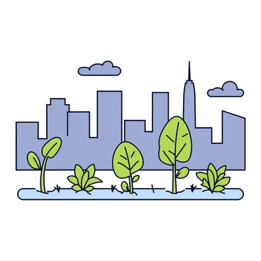 A home garden with several stunted plants in various shades of green. The plants have small, wilted leaves and are arranged in rows. Behind the garden is an urban background with tall, gray buildings. The skyline is partially obscured by a haze of smoke, and a few dark clouds hang low in the sky. The overall atmosphere suggests a blend of nature struggling in an urban environment.