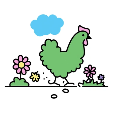 A garden featuring a topiary shaped like a "cockerel". The topiary is dense and lush, with a vibrant green hue, meticulously trimmed to represent the cockerel's distinctive features, such as its comb and tail feathers. Surrounding the topiary are various colorful flowers in bloom, providing a striking contrast to the greenery. The pathway leading to the topiary is lined with small pebbles, enhancing the garden's neat appearance. A clear blue sky overhead adds to the brightness of the scene.